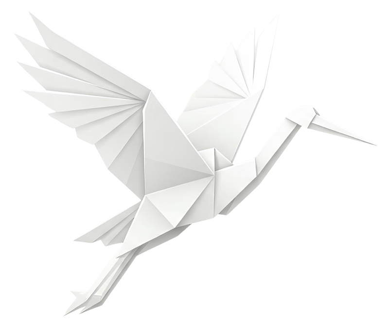 A white origami crane in flight, the Hingami icon